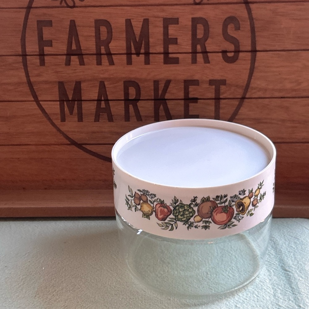 Vintage Pyrex Glass Jar with Spice of Life Colorful Fruit Design & White Lid EUC